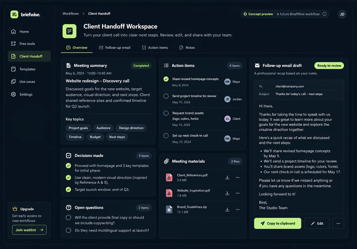 Illustrative Client Handoff Workspace future dashboard, not currently available
